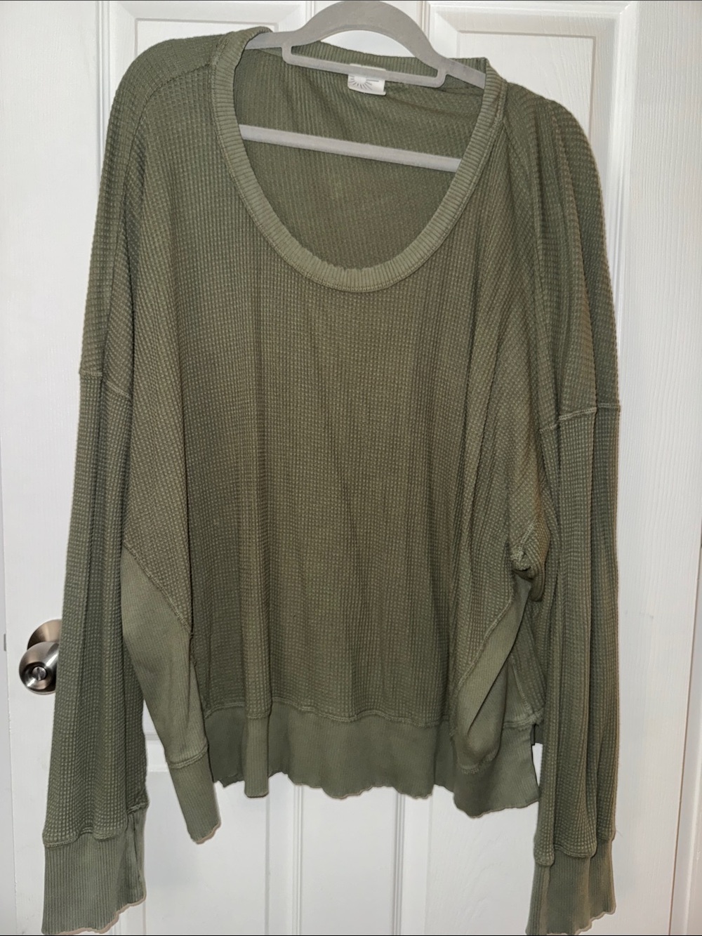 Waffle-Knit Scoop Neck Pullover Sweatshirt - Olive
